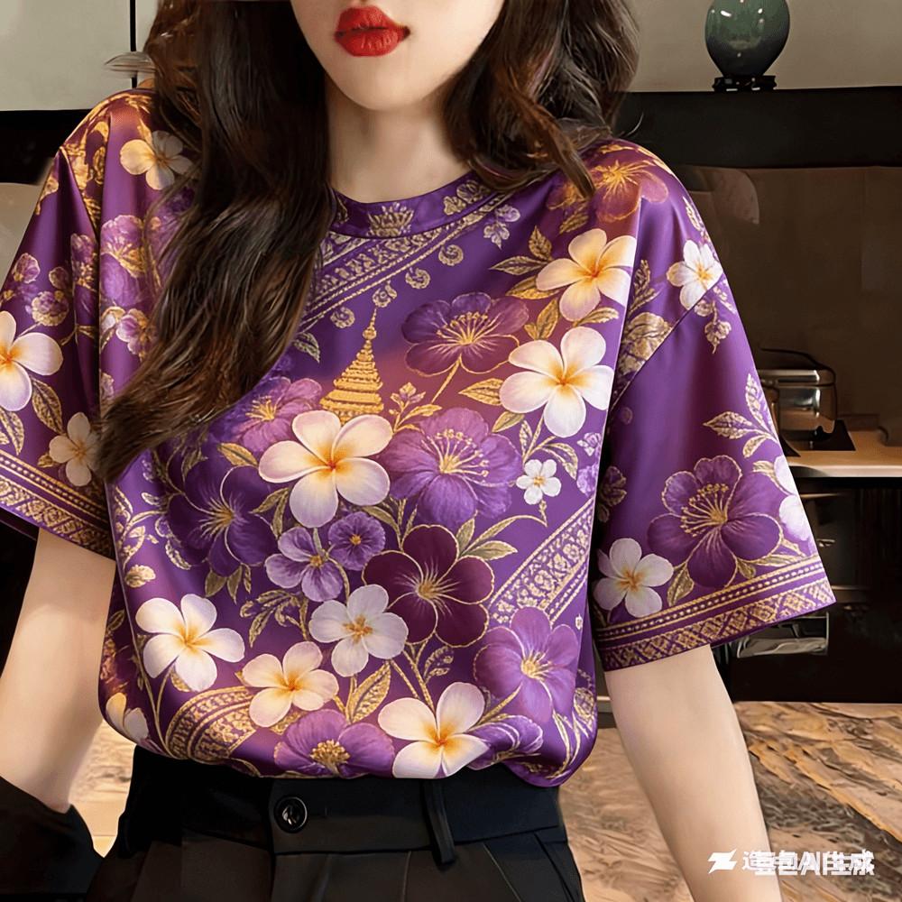 Water Splashing Festival Neutral Casual T-shirt - Printed Flowers, Short Sleeves XS
