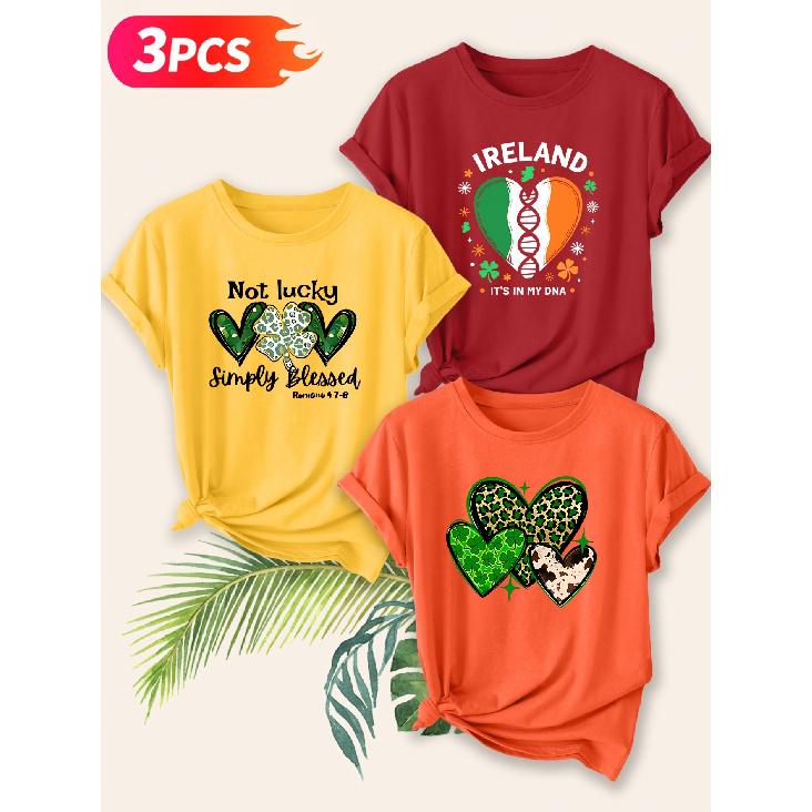 Three-piece set Elegant short-sleeved shirt for women St. Patrick DNA Heart-printed round-neck women s top T Shirt Suitable for spring S