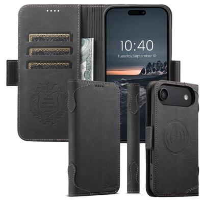 iPhone 17 Pro/Samsung Magnetic Leather Flip Case with Wireless Charging, Card Slot, and Stand