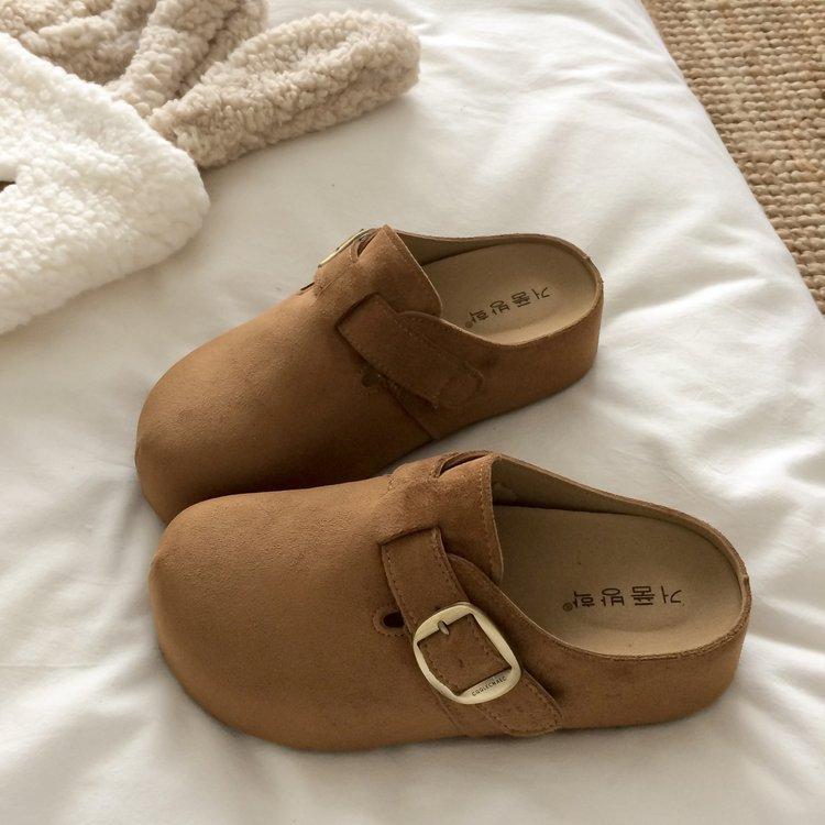 Retro leather Boken half slippers women's outerwear 2025 autumn new one-pedal soft-soled non-slip bag head Muller slippers