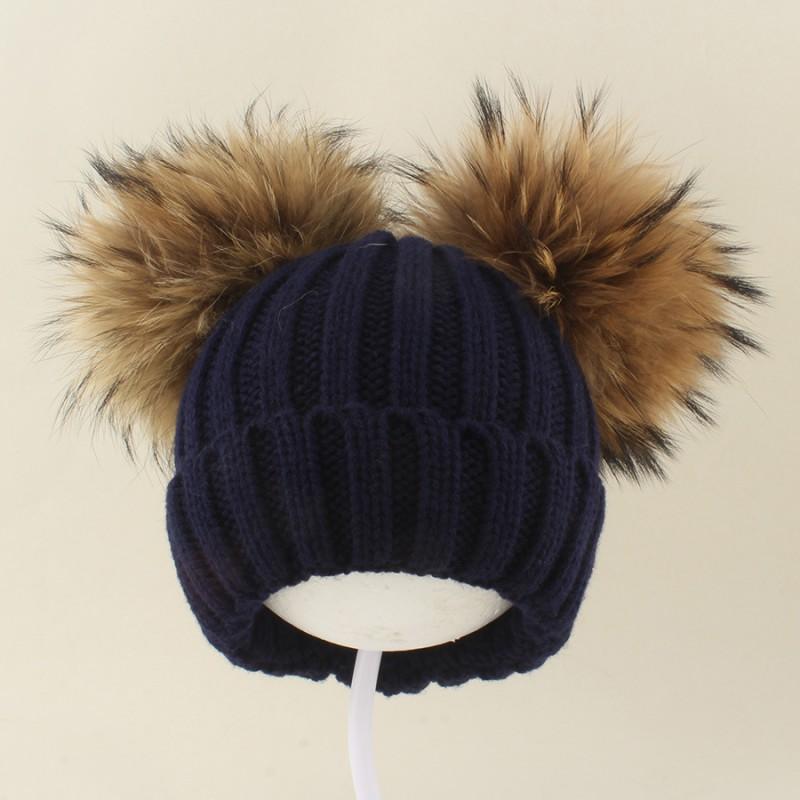 Kids Warm Knitted Beanie Hat With Double Pom Poms Striped Roll Edge Unisex Winter Cap Toddlers Children