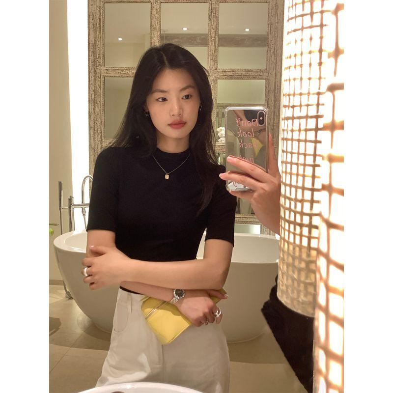 

Pusumede Half Turtleneck Silm Top T-shirt with Short Sleeves Black S