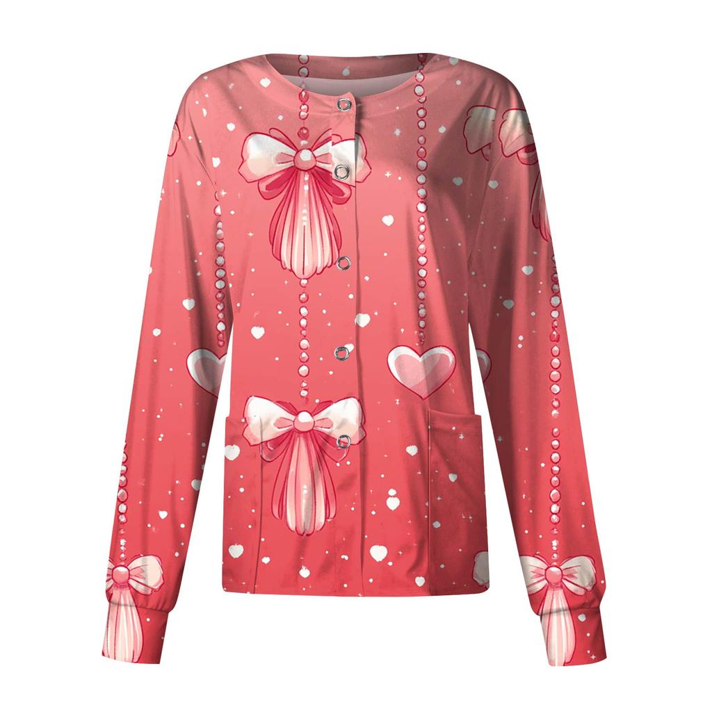 Women's Casual Fashion Long Sleeve Standing Collar Single Breasted Valentine's Day Print Workwear Jacket Tops