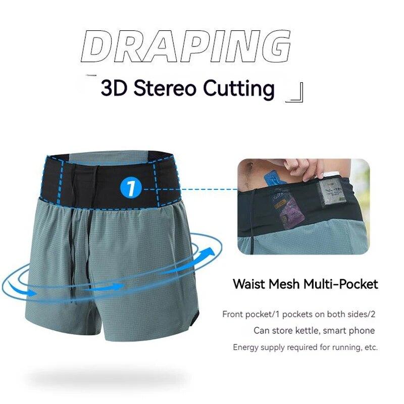 Marathon Running Shorts Men 2 In 1 Quick Dry Workout Training Fitness Jogging Multi-Pocket Man Gym Sport Shorts with Waist Pouch