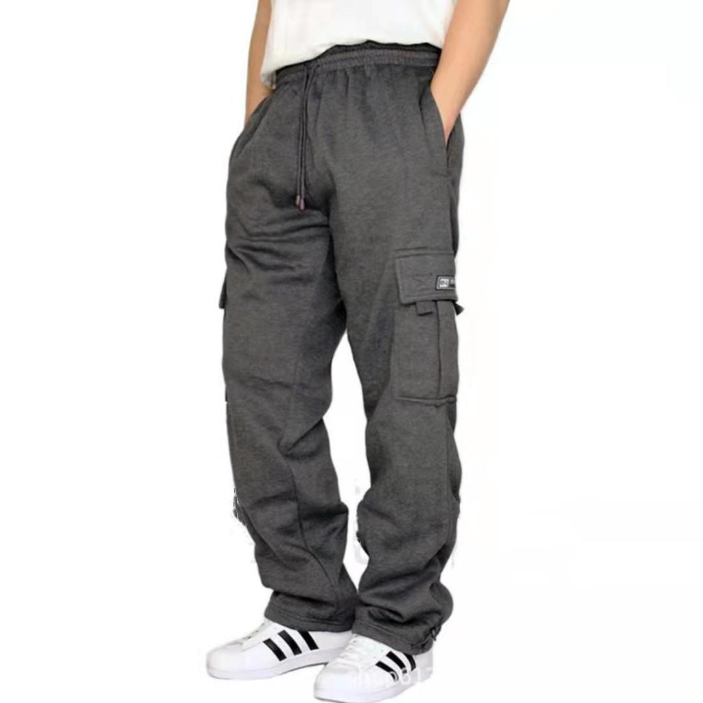 Men's Fleece-lined Sporty Casual Cuffed Ankle Multi-pocket Drawstring Loose Workwear Pants