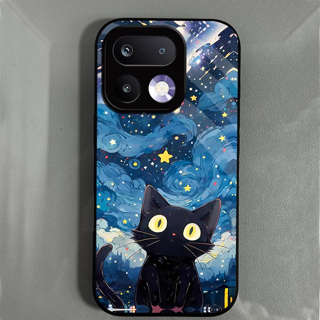 Etui do realme 16 Pro 5G Pro+ Anime Czarny Kot Gwiaździste Chmury Nadruk Pokrowiec na Telefon Akrylowy Twardy Tył Z Elastyczną Krawędzią TPU
