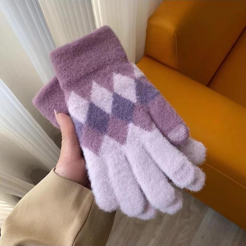 Fashionable Color Block Plaid Touchscreen Gloves - Warm Knit for Women, Students & Couples
