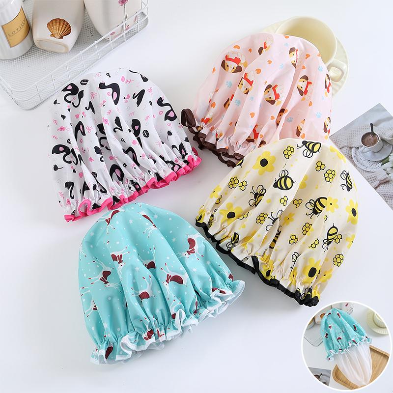 Flower Pattern Double Layer Shower Cap Waterproof Reusable Printed Bath Hair Bonnet For Women Ladies Spa Salon Home Travel Use