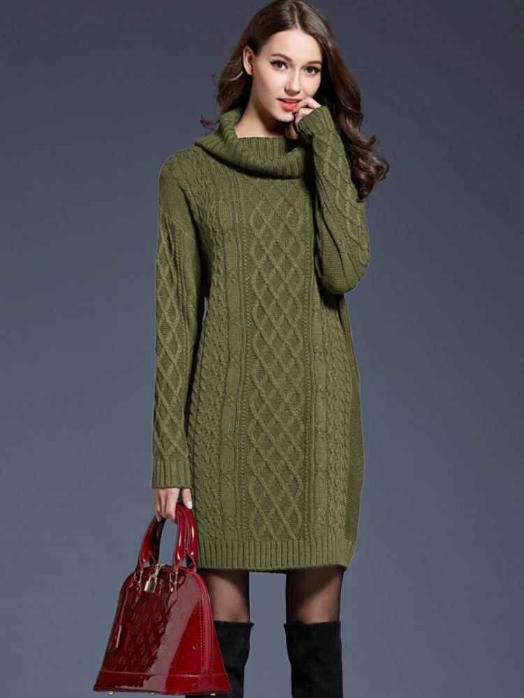 Autumn and Winter Plus Size Women's Knitted Sweater Dress Long High Neck Sweater for Women
