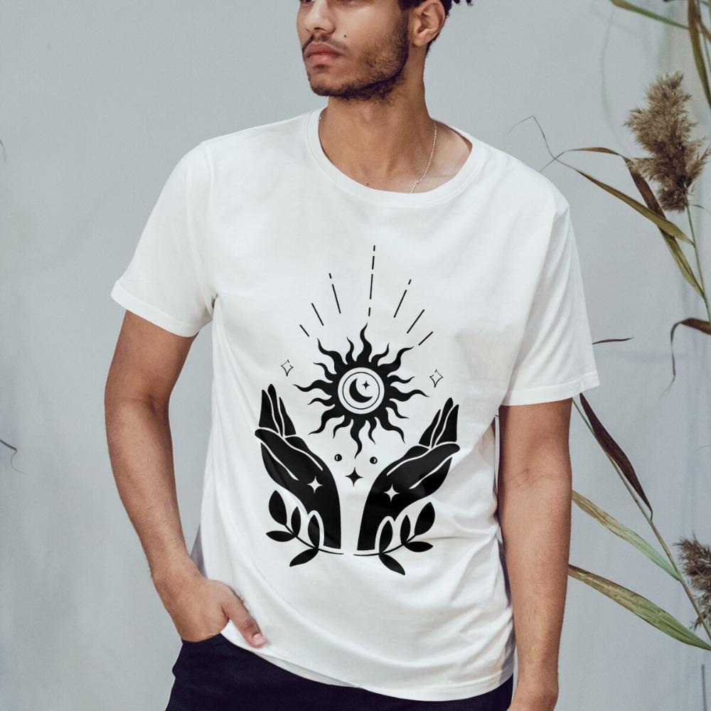 Boho Sun Moon Hands Nature TShirt Celestial Graphic Tee Men Women Casual Crewneck Cotton Shirt Creative Pattern Streetwear