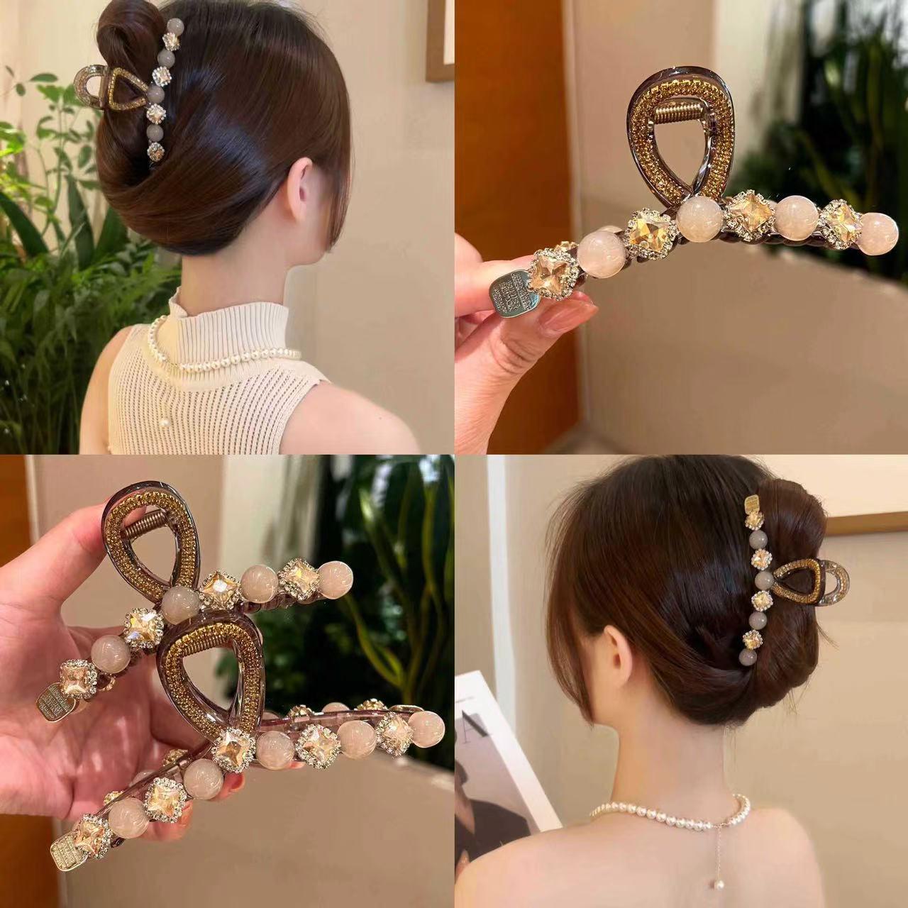 

2024 Elegant Rhinestone Pearl Hair Claw: Versatile French Shark Clip for Women