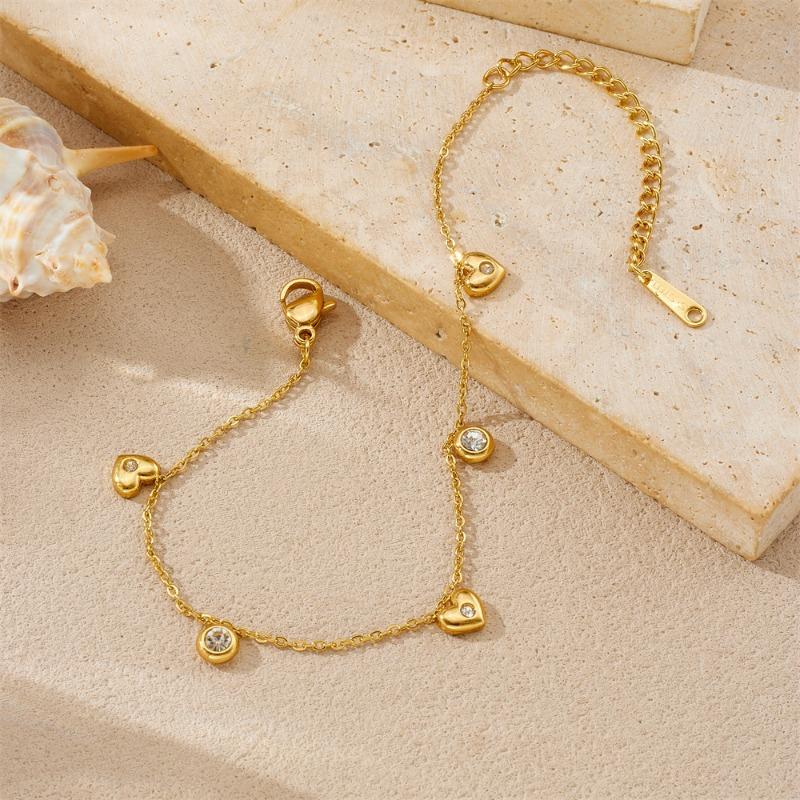 Gold Plated CZ Heart Round Charm Bracelet, Dainty Adjustable Cable Chain for Women, Cute Daily Jewelry