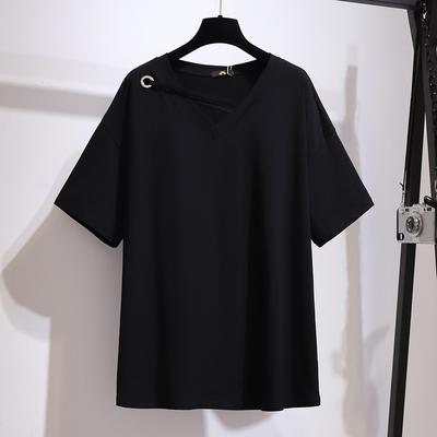 Ladies Summer Plus Size Tops For Women Large Short Sleeve Loose Cotton Black V-neck T-shirt Wild Shirt