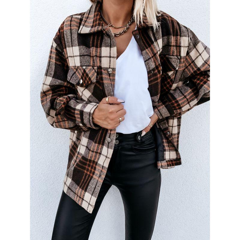 

Fashion Style Fashionable Temperamental All-Match Slimming Long-Sleeved Shirt Women s Autumn New Arrival Loose Casual Gingham Coat Top BROWN CHECK M