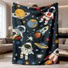 2026 New Flannel Blanket 1pc Astronaut Fleece Throw - Soft And Cozy Space Design Featuring Planets And Rockets, Lightweight And Comfortable for Use On