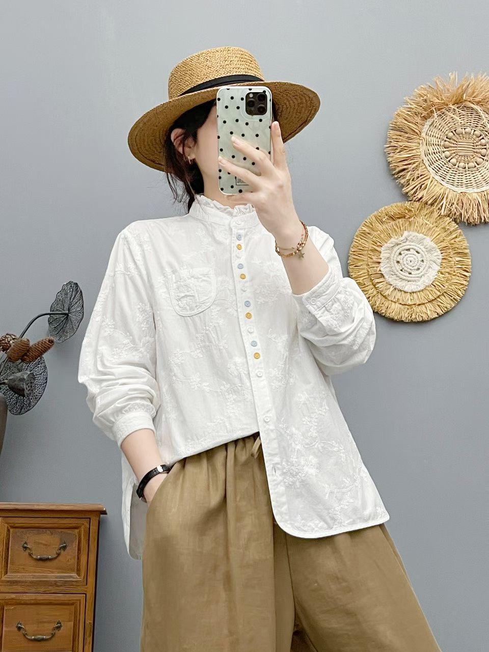 

Женская весенняя рубашка из чистого хлопкового муслина с длинным рукавом, жаккардовой вышивкой - Повседневная, Универсальная, Ретро, 2026 M (Recommended 110-129 jin)