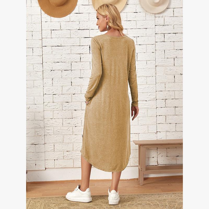 Women's Solid-Color, Straight-Cut, Pocketed, Loose-Fit Dress with Curved Hem for Fall/Winter