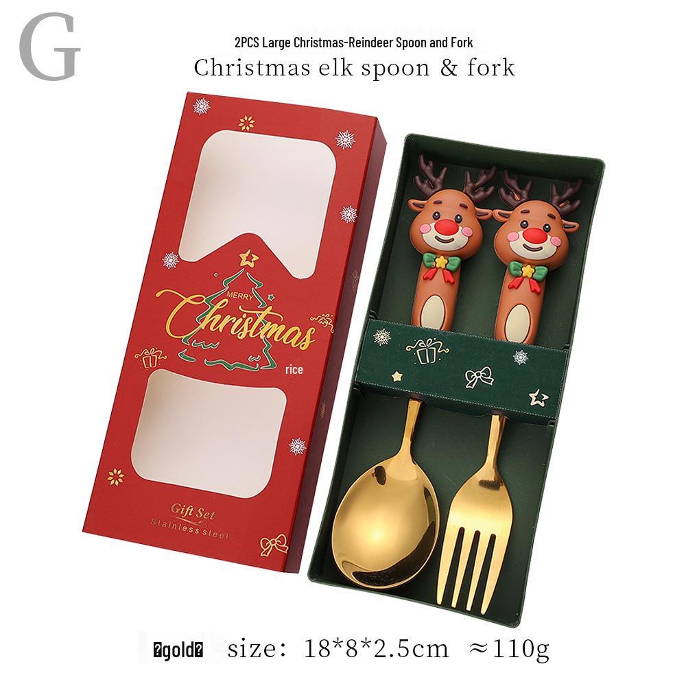 Reindeer Cartoon Christmas Spoon & Fork Set - Cute Stainless Steel Gift in Color Box