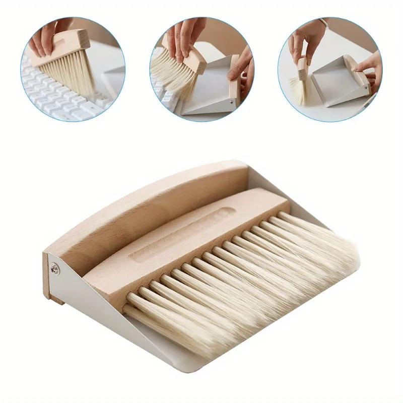 2 Pcs/set Window Cleaner Mini Dustpan Brush Set Wood Small Metal Pan Natural Table Handy Brush Sweeping Home Kitchen Car Office