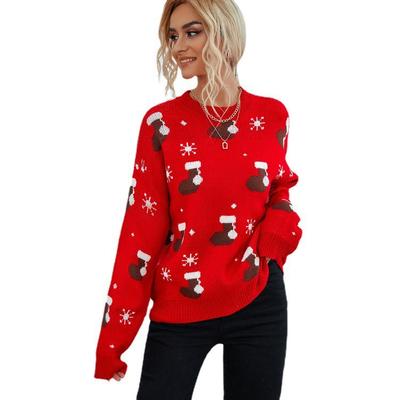 Autumn and Winter Women's Sweater Christmas Day Pullover Sweater Round Neck Loose Knit Sweater