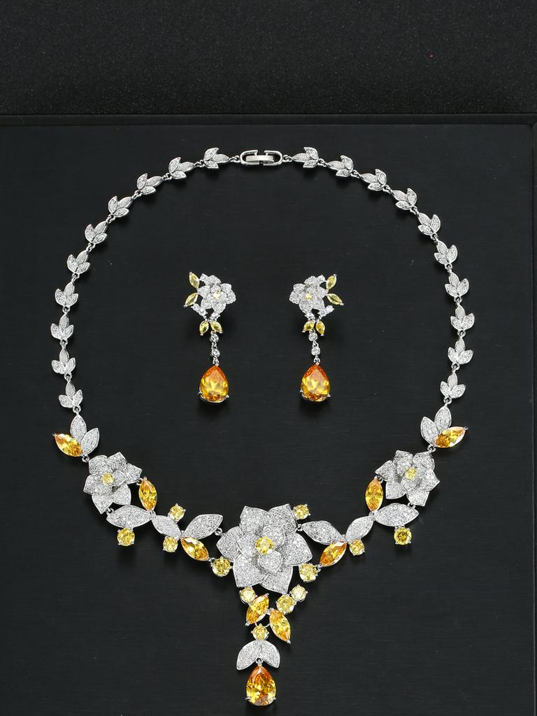 Luxury Camellia Bridal Zircon Necklace Earrings Set Gala Wedding Dress High-end Jewelry Ladies