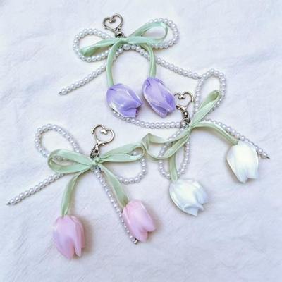 Tulip Pearl Bow Satin Fabric Handbag Pendant Keyring