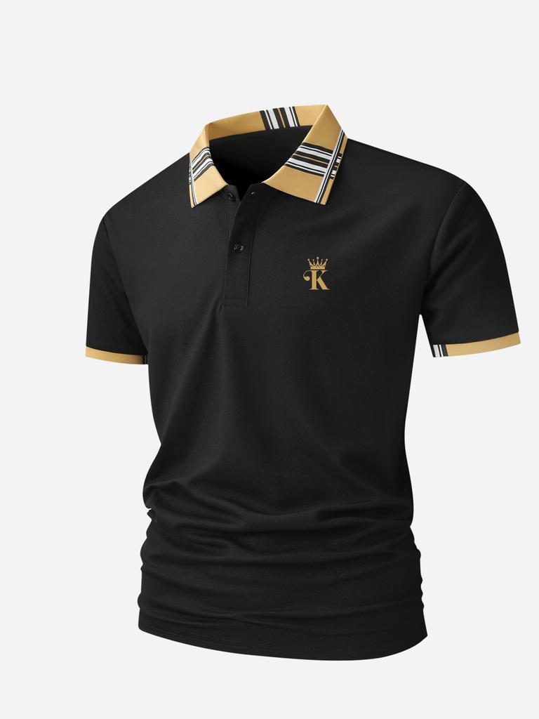 Herren Schwarzes Polohemd mit Kontraststreifen am Kragen, Krone K Buchstabe Bestickt Business Casual Kurzarm Oberteil