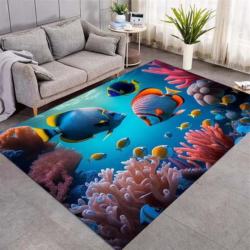 Colorful Tropical Fish Coral Reef Ocean Print Area Rug Marine Animal Non‑Slip Rectangular Floor Mat Living Bedroom Home Decor Rug