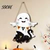 Easy Clean Festive Door Hanger Cute White Ghost Wooden Sign with Black Cat BOO Boho Halloween Room Decoration Banner, Waterproof Front Plaque