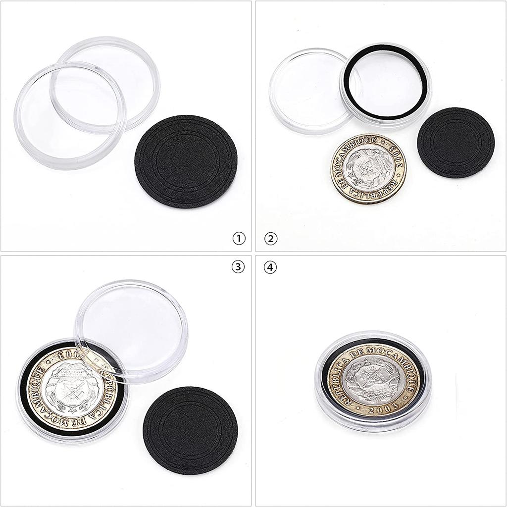 100 Stuks Muntcapsule Hoesje en Verstelbaar (17/20/25/27/30mm) Beschermende Zwarte Pakking Munt Houder met Plastic Opberg Organizer Doos