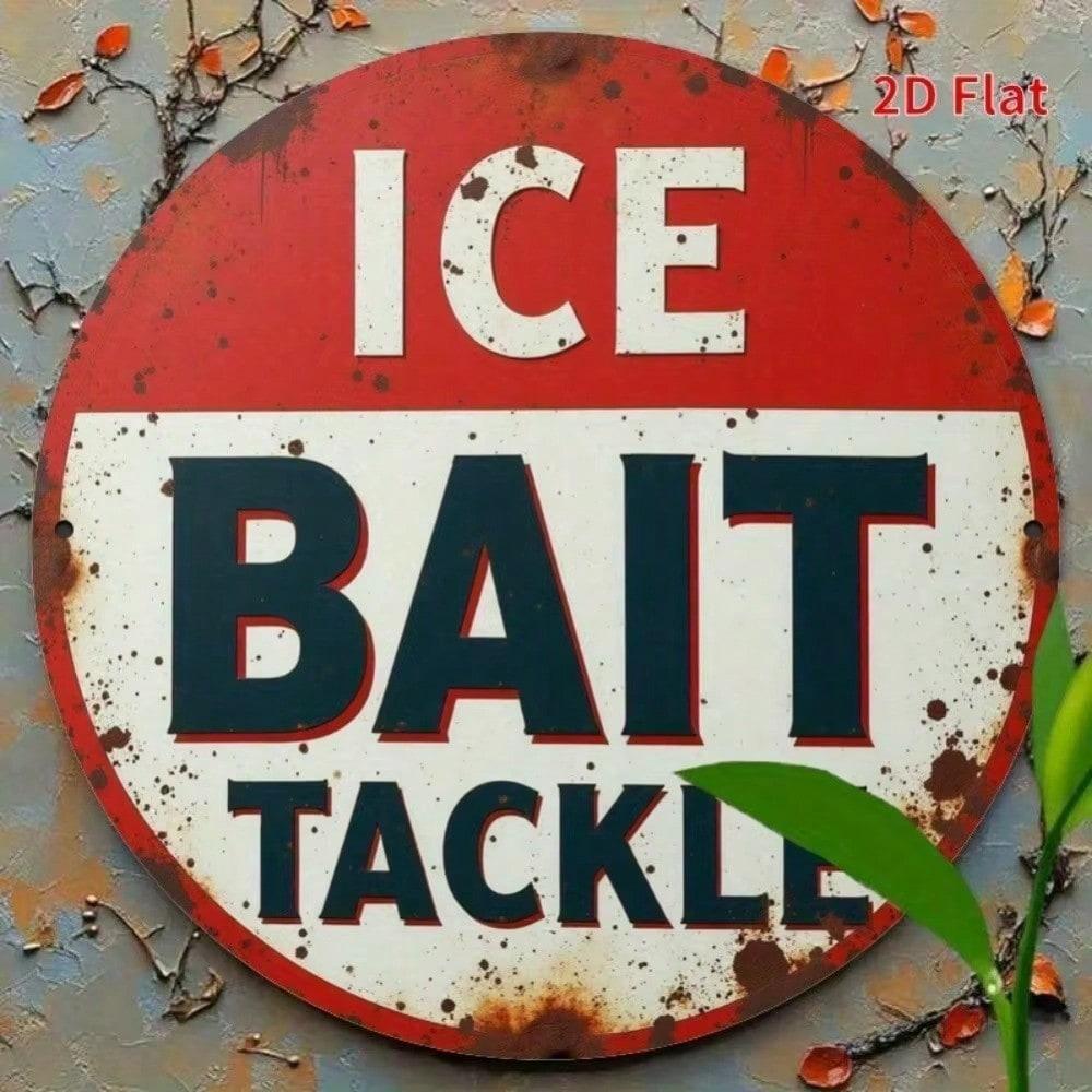 2D Metal Sign Ice Bait Fishing Tackle Shop Billboard, Rustic Wall Art for Man Cave Home Office Halloween Gift