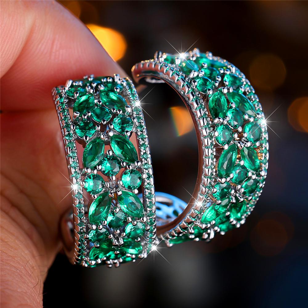 Luxus Damen Rot Grün Regenbogen Zirkon Kristall Stein Steckerohrringe Großer Anhänger Silberfarbe Hochzeit Europäischer Schmuck Für Frauen