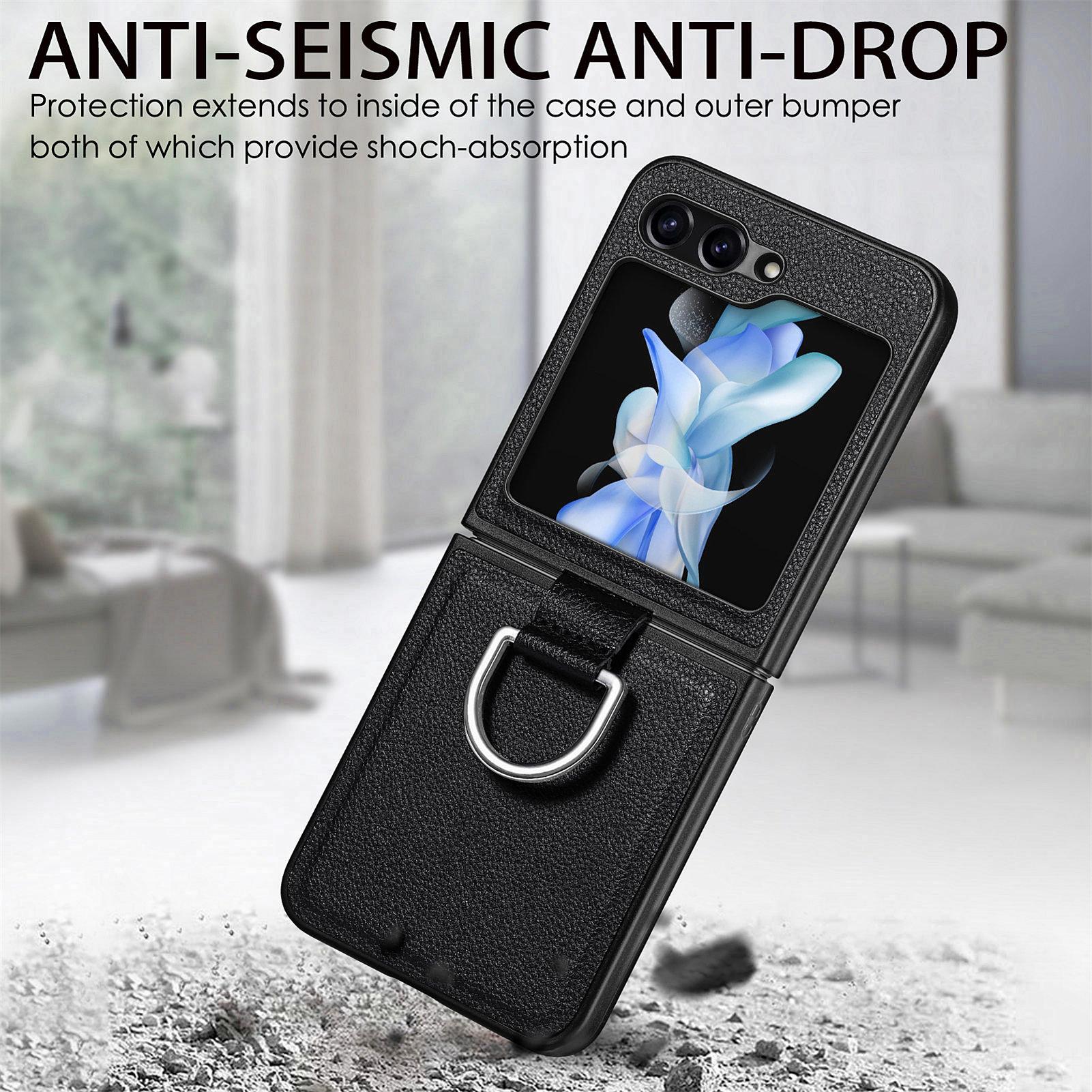 

For Samsung Galaxy Z Flip5 5G Kickstand Phone Case Litchi Texture Leather+Hard PC Protective Cover Green