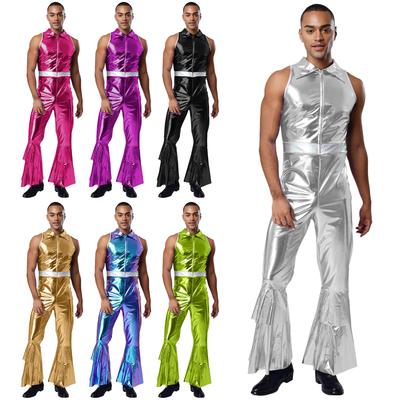 Tuta da uomo anni '70 Laccata Metallizzata Collo a revers Senza maniche Vita alta Pantaloni a zampa Outfit da Ballo Disco Cantante