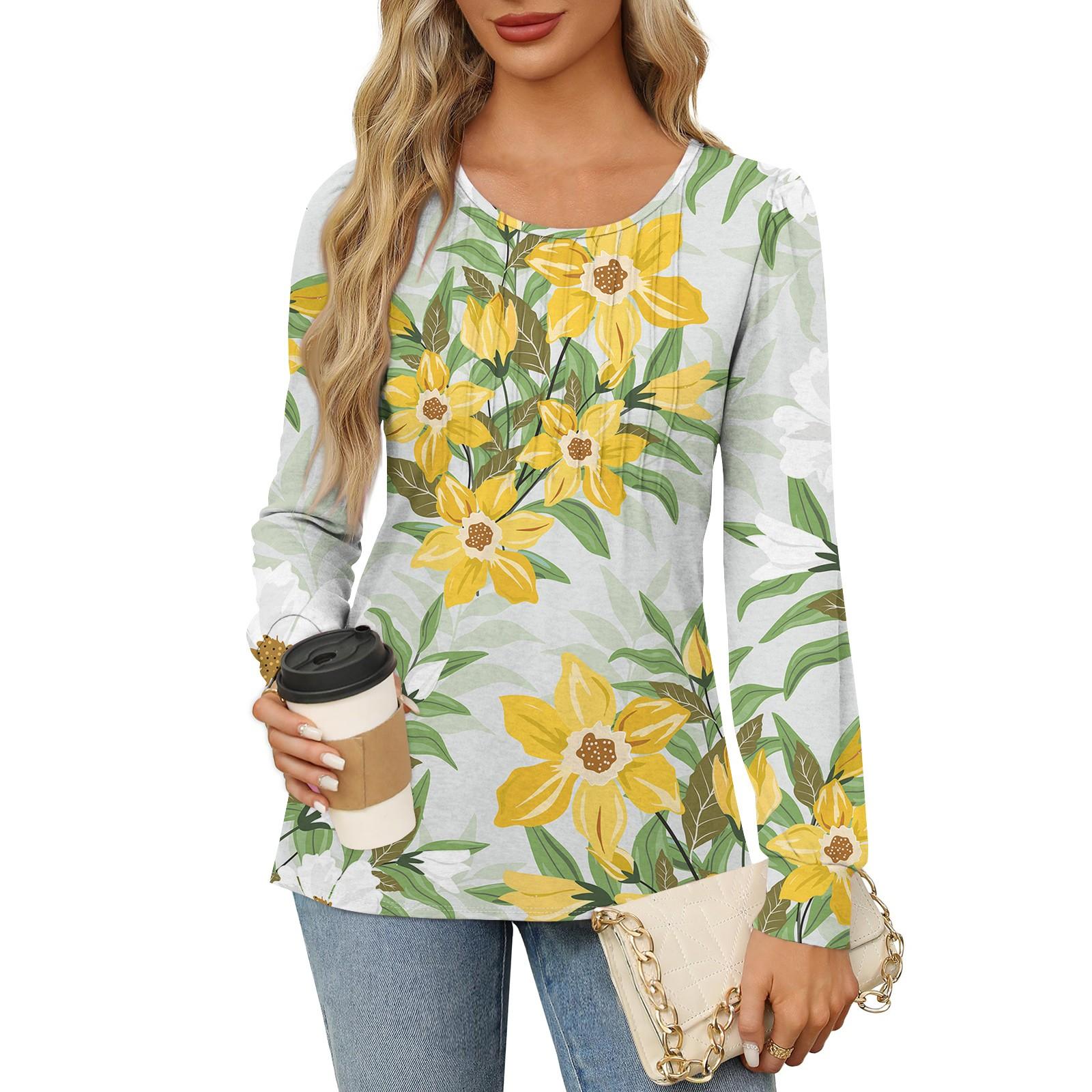 

Рубашки с длинным рукавом для женщин, футболки с милым принтом и графикой, блузки, нарядные повседневные блузки, плиссированные топы-туники с овальным вырезом XL жёлтый