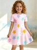 3D Cute Printed Dress for Young Girls, Short Sleeved Round Neck Children's Party A-line Dress Suitable for Birthday Gifts