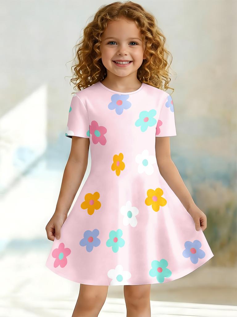 3D Cute Printed Dress for Young Girls, Short Sleeved Round Neck Children's Party A-line Dress Suitable for Birthday Gifts