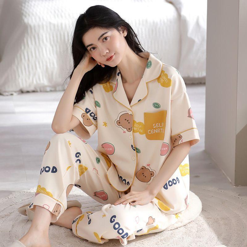 Pajamas women's summer cotton short-sleeved trousers cardigan sweet high-value loungewear set