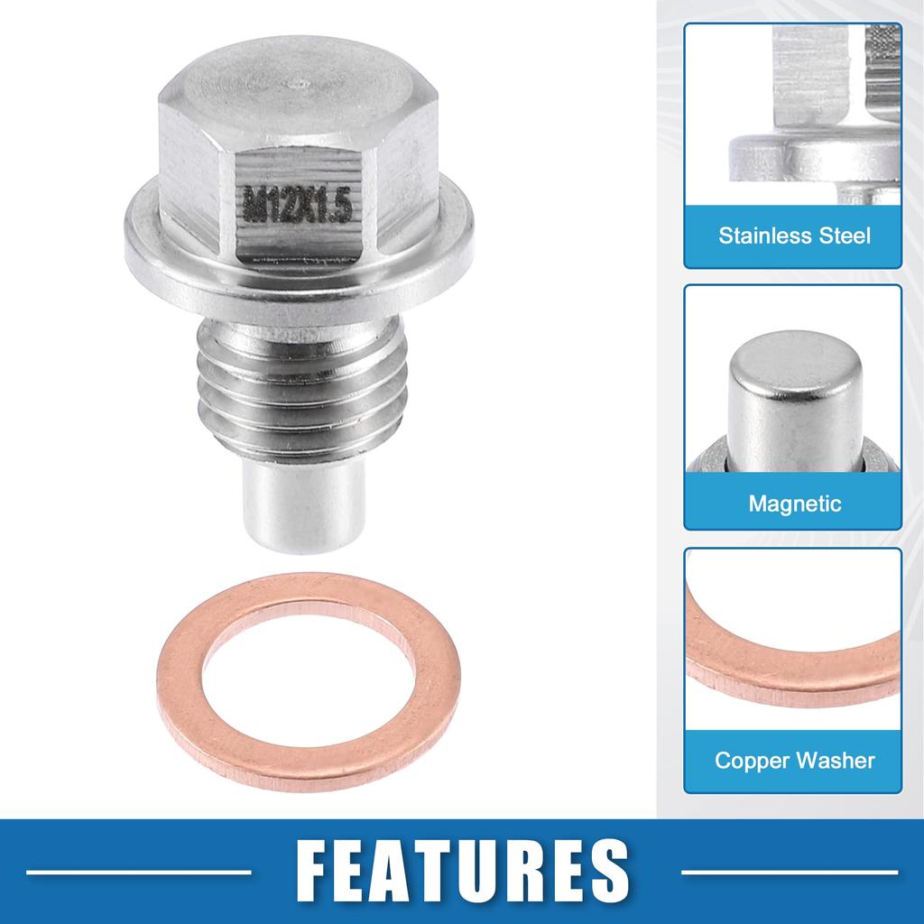 A ABSOPRO Car Engine Magnetic Drain Plug Stainless Steel with Copper Washers 2 Pack M12x1.5