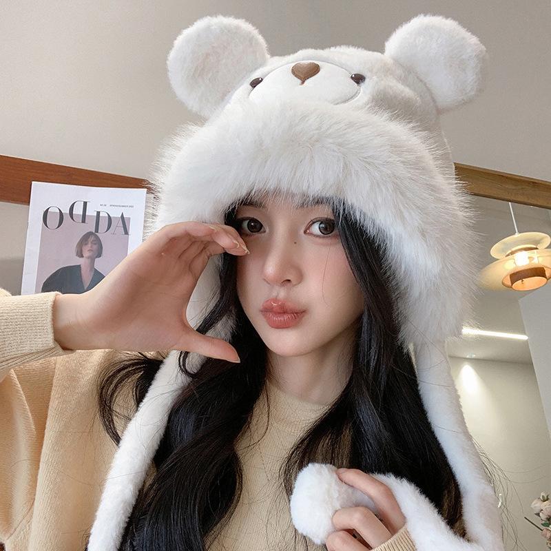 New Winter Cute Cartoon Bear Thickened Gloves Riding Student Ear Protection Plush Hat for Women Warmth Lei Feng Hat