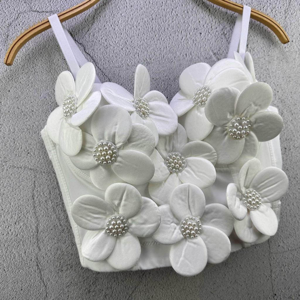 Unique Halter Top Outerwear Handcrafted Floral Pearl Embellished Halter Top for Women Dance Wrap Top Performance Attire Camis & Tank Tops