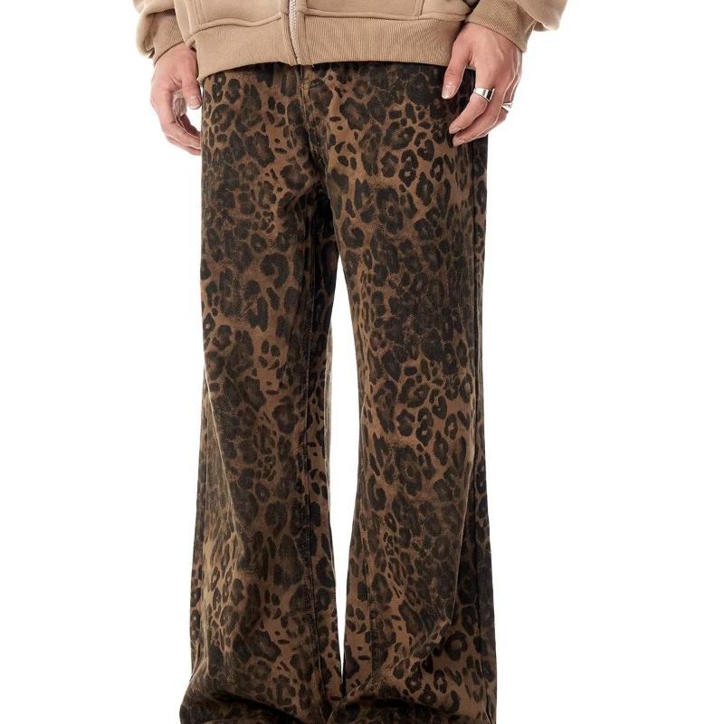 

Мужские джинсы клеш с эффектом потертости и леопардовым принтом в стиле ретро XL цветной печати леопарда