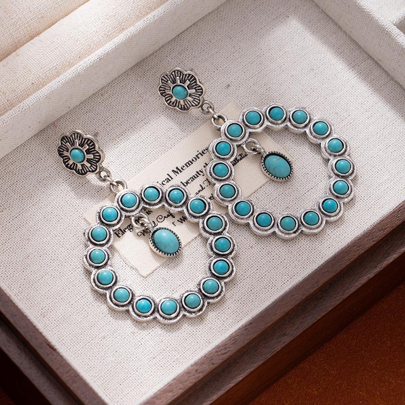 Vintage Literary And Artistic Hollow Turquoise Flower Earrings, High-End Ethnic Style Earrings, Female Bohemian Style Ear Jewelry
