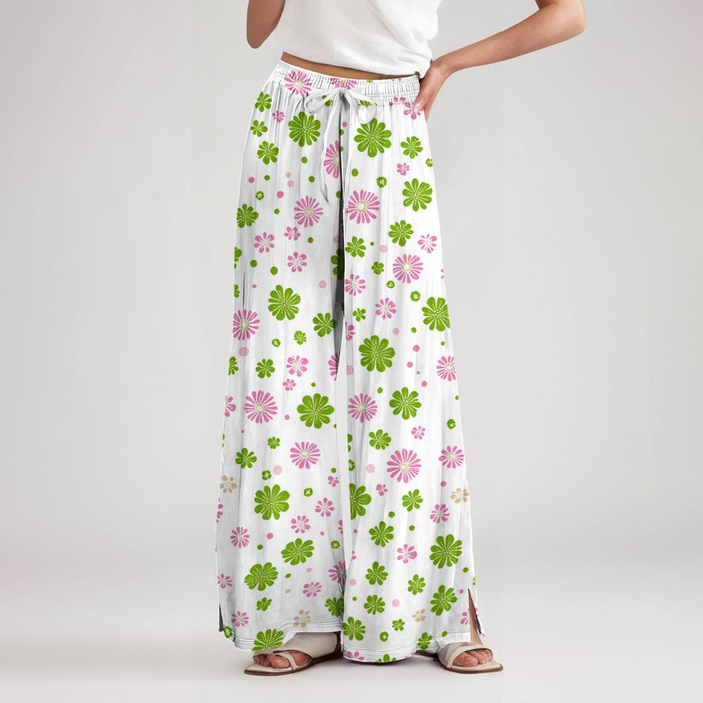 Women’s Wide Leg Pants High Waist Drawstring Loose Fit Lightweight Floral Print Trousers for Casual Summer Wear
