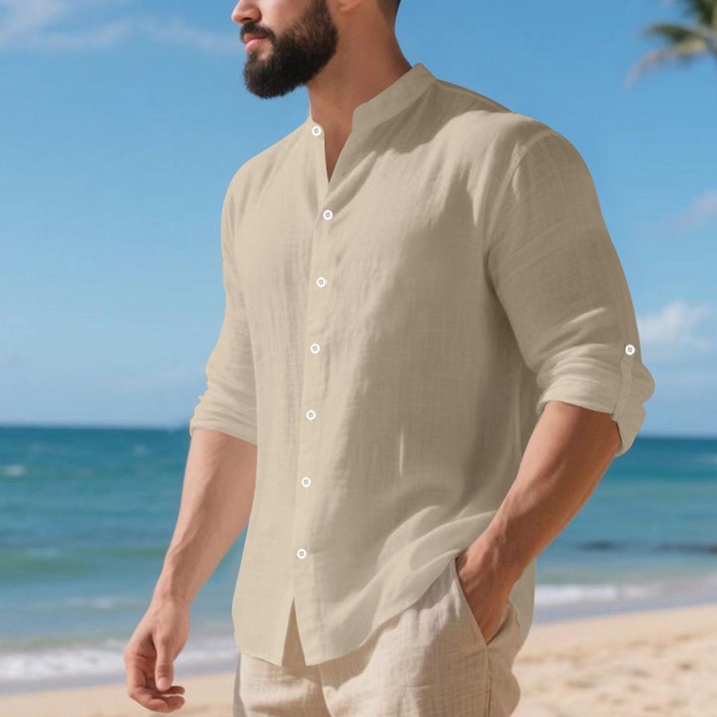 Men's Linen Button-down Shirt, Beach Shirt, Long-sleeved Plain-colored Stand-up Collar, Spring Casual Everyday Wear