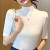 Women's Mock Neck Elbow Sleeve Solid Color Slim Fit Knit Top Korean Style Elegant Commuter Layering Shirt Multi Colors Optional