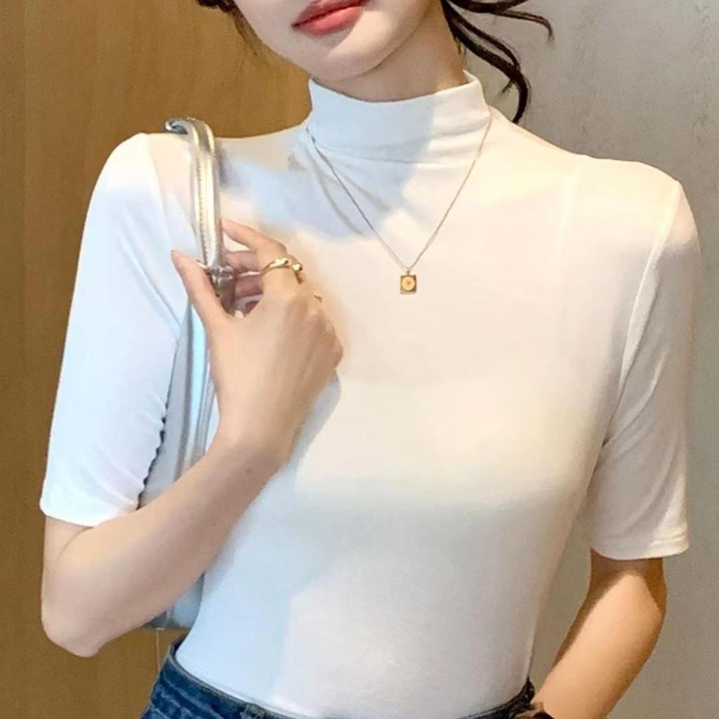 Women's Mock Neck Elbow Sleeve Solid Color Slim Fit Knit Top Korean Style Elegant Commuter Layering Shirt Multi Colors Optional