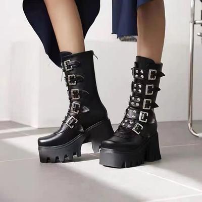 Mode Damen Gothic Stiefel Punk Stil Motorradstiefel Luxus Mid-calf Leder Stiefeletten High-Heel Plateau Stiefel Halloween Cosplay Stiefel