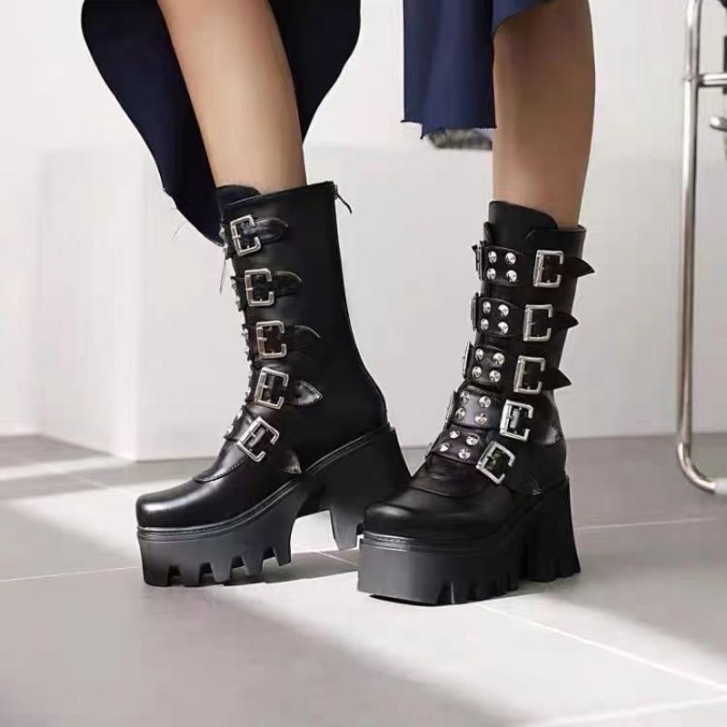 Fashion Women's Gothic Boots Punk Style Motorcycle Boot Luxury Mid-calf Leather Booties High-heel Platform Boots Halloween Cosplay Boots