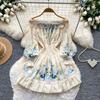 Boho Floral Off Shoulder Floral Print Mini Dress Women Long Sleeve Ruffle Hem Smocked Waist Vintage Summer Beach Dress
